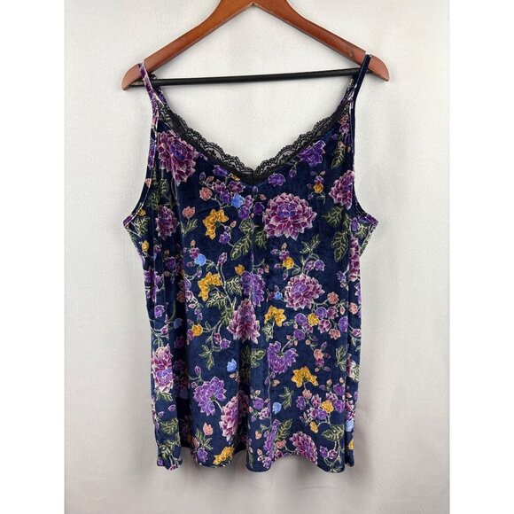 Women’s Torrid Size 1XL Blue & Multicolored Floral Printed Velvet Tank with Lace - Picture 1 of 5